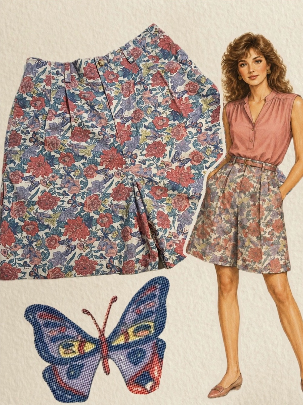 VINTAGE 80s butterfly flower garden shorts high waist Bermuda wide leg floral